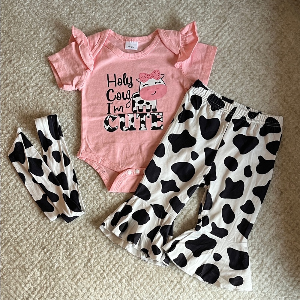 Pink 'Holy Cow I'm Cute' Baby Girl Outfit with Cow Print Pants & Headband